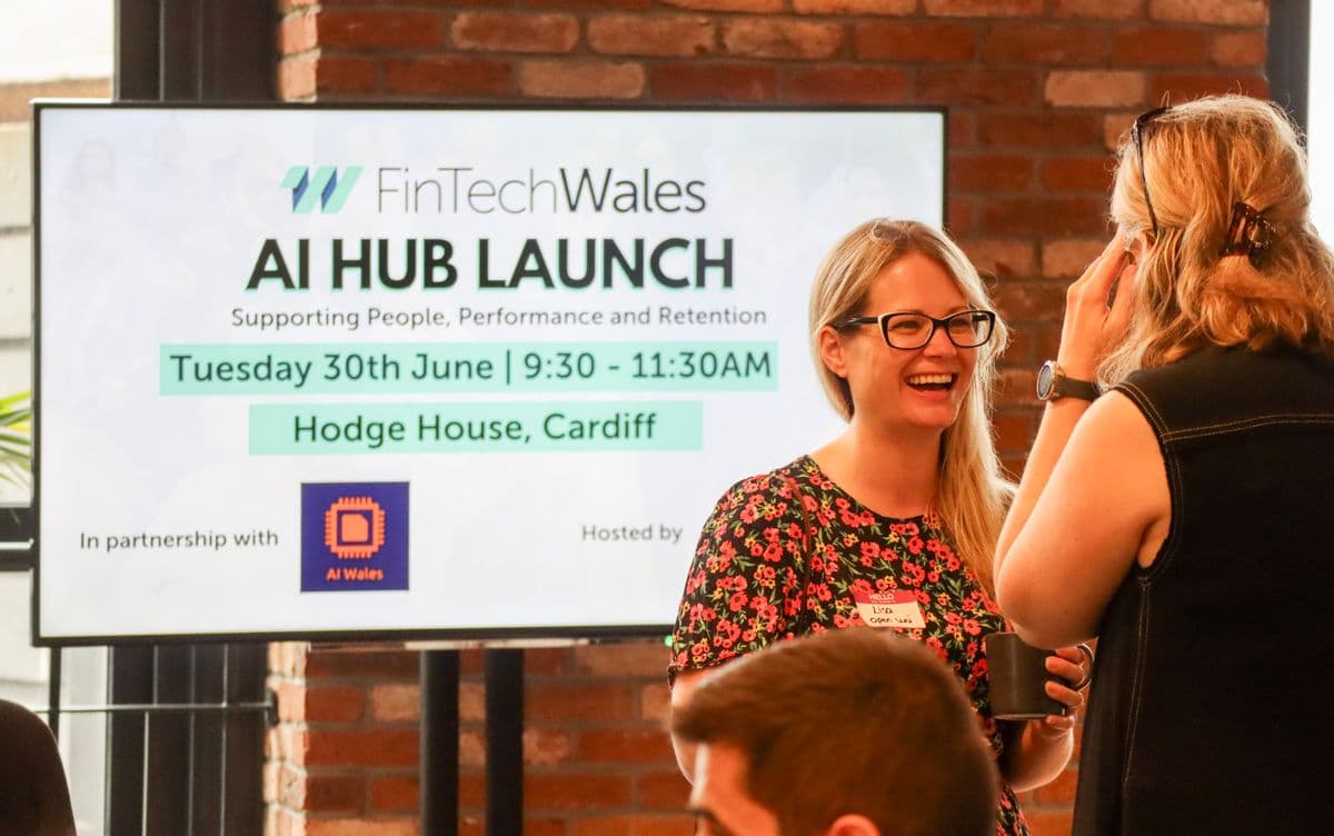 Attendees networking at AI Hub Launch event at Hodge House Cardiff