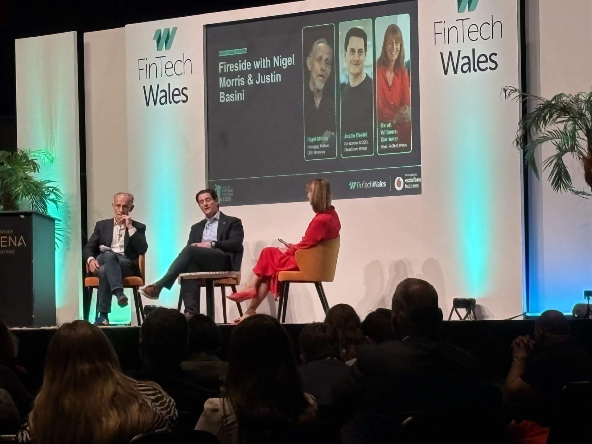 Fireside chat with Nigel Morris and Justin Basini at FinTech Wales, Swansea Arena